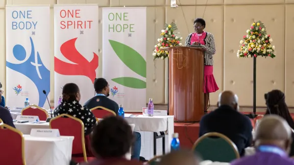 Bishop Naledzani Sikhwari of the Evangelical Lutheran Church In Southern Africa delivers a keynote lecture as Lutherans from across the continent of Africa gather in Nairobi for a regional, Africa pre-assembly to the LWF. Photo: LWF/Albin Hillert