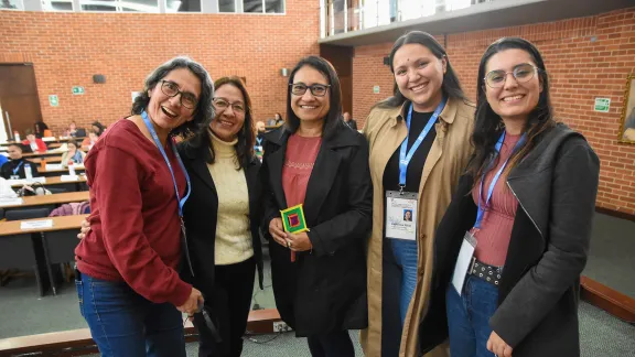 Women play an important role in IELCO and lead many areas of work in the church: (from left) Rev. Liria Consuelo Preciado (pastoral coordinator), Olga Gualteros (coordinator for diaconia), Zulma Ojeda (education coordinator), Katherine Pico (youth coordinator), and Melissa Gomez (evangelism coordinator). Photo: LWF/Eugenio Albrecht