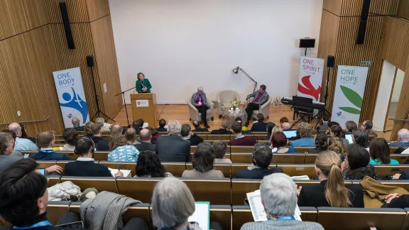 Vice president for Western Europe Pröpstin Astrid Kleist addresses the Pre-Assembly alongside Professor Antje Jackelén and Archbishop Urmas Viilma. Photo: LWF/A. Hillert  