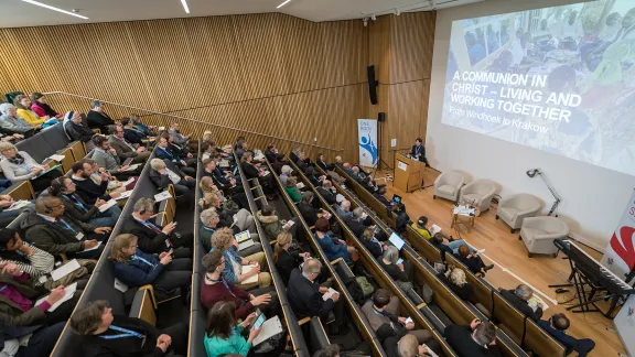 LWF General Secretary Rev. Dr Anne Burghardt addresses European church leaders gathered for their regional Pre-Assembly in Mansfield College, Oxford. Photo: LWF/A. Hillert 