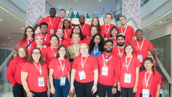 Stewards from around the LWF member churches pictured together with Rebecca Sangeetha Daniel, Stewards Program Coordinator and Savanna Sullivan, LWF Program Executive for Youth. Photo: LWF/Johanan Celine Valeriano